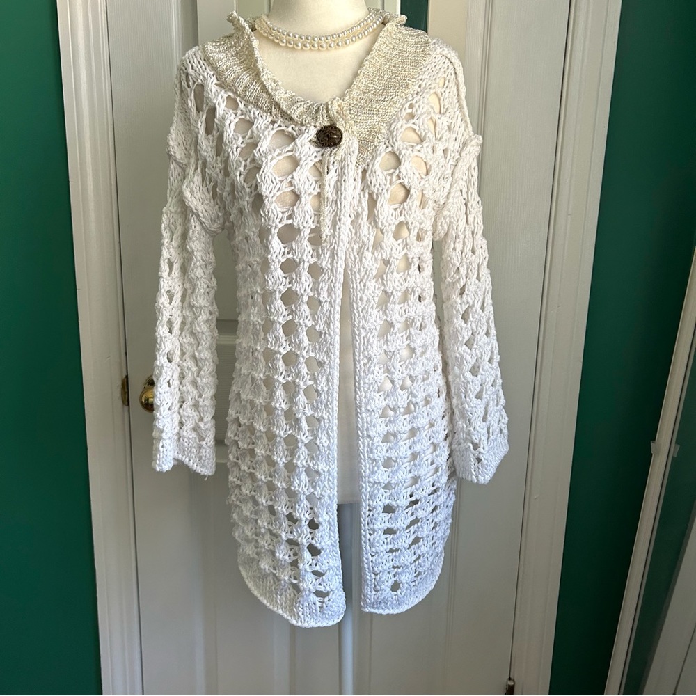 Elisa Cavaletti Cream Open-Knit Crochet Long Cardigan